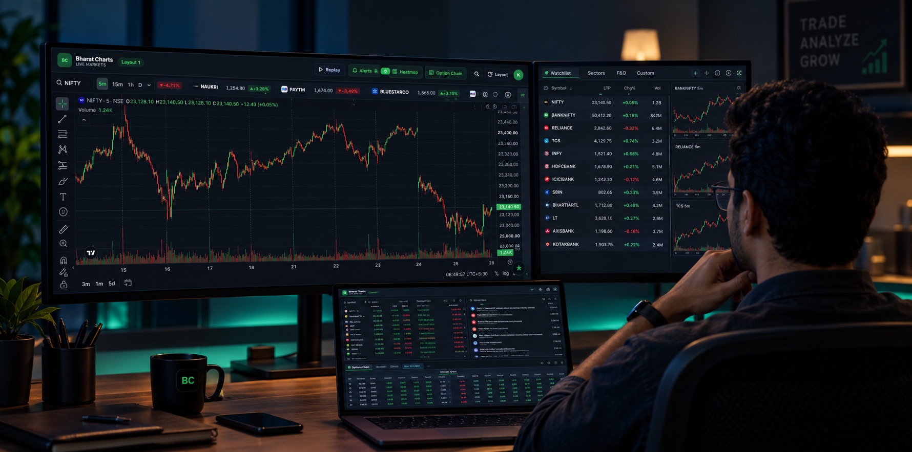 Bharat Charts terminal on a trader’s desk — live NIFTY chart, watchlist and option chain