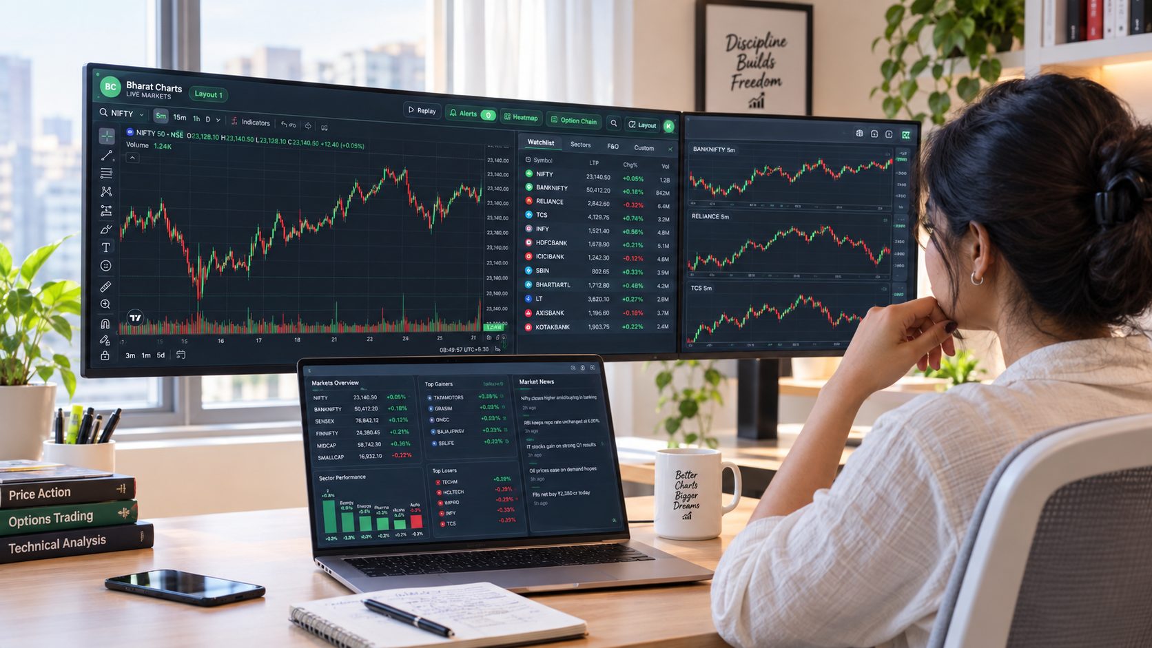 Trader using Bharat Charts — NIFTY chart, watchlist, multiple charts and market overview
